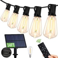 Solar Outdoor String Lights With Remote Waterproof Solar Patio Lights With 151 Vintage Led Bulbs Dimmable 34Ft Solar Powered