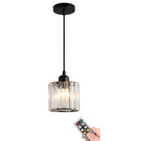 1 Pack Battery Operated Pendant Light With Remote, Crystal Rechargeable No Wiring Ceiling Hanging Lamp,Modern Glass Shade Wireless Pendant Lighting Fixture For Farmhouse Dining Room Kitchen Island