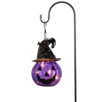 Teresas Collections Halloween Decorations For Home Outdoor 36 Inch Glass Solar Lantern Stake With Purple Fun And Spooky Pumpki