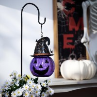 Teresas Collections Halloween Decorations For Home Outdoor 36 Inch Glass Solar Lantern Stake With Purple Fun And Spooky Pumpki