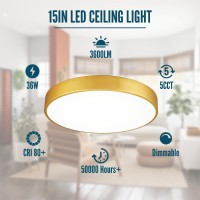 Wheatronic Gold Led Ceiling Light Fixture Flush Mount 15 Inch 36W Dimmable Light Fixtures Ceiling Mount Led Modern Kitchen Lig