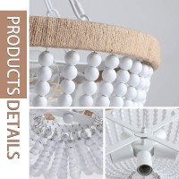 Tewei 5 Lights White Bohemia Wood Beaded Chandelier Farmhouse Boho Chandelier Light Fixture For Dining Room Flush Mount Ceiling