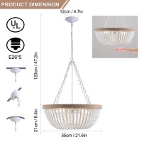 Tewei 5 Lights White Bohemia Wood Beaded Chandelier Farmhouse Boho Chandelier Light Fixture For Dining Room Flush Mount Ceiling