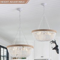 Tewei 5 Lights White Bohemia Wood Beaded Chandelier Farmhouse Boho Chandelier Light Fixture For Dining Room Flush Mount Ceiling