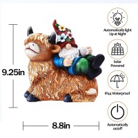 Pohabery Garden Gnomes Decor Outdoor Statues Gnome On Highland Cow Hold Solar Cup Light Outdoor Decorations For Patio Yard And G