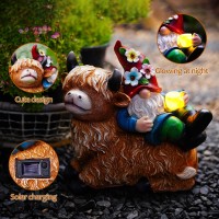 Pohabery Garden Gnomes Decor Outdoor Statues Gnome On Highland Cow Hold Solar Cup Light Outdoor Decorations For Patio Yard And G