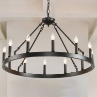 Jklx 32 Inch Black Wagon Wheel Chandelier,12-Light Farmhouse Wheel Chandeliers Round Industrial Ceiling Light Fixtures For Outdoor Porch High Ceilings Living Dining Room Foyer Entryway