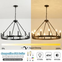 Jklx 32 Inch Black Wagon Wheel Chandelier,12-Light Farmhouse Wheel Chandeliers Round Industrial Ceiling Light Fixtures For Outdoor Porch High Ceilings Living Dining Room Foyer Entryway