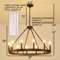 Jklx 32 Inch Black Wagon Wheel Chandelier,12-Light Farmhouse Wheel Chandeliers Round Industrial Ceiling Light Fixtures For Outdoor Porch High Ceilings Living Dining Room Foyer Entryway