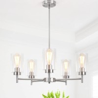 Brushed Nickel Chandelier For Dining Room Light Fixture 5 Lights 24 Contemporary Farmhouse Chandelier With Glass Shade Hanging