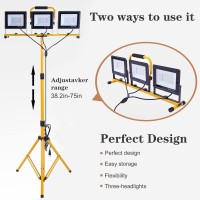 Dntgr 22000 Lumen Work Lights With Stand 3 Adjustable Head Led Work Light With Adjustable And Foldable Tripod Stand Waterproo