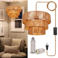 Yiizon Boho Rattan Hanging Lamp Led Spotlight Included Dining Room Plug In Pendant Light With 3Tier Wicker Woven Lampshade F