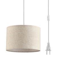 Kenmi Plug In Pendant Lightbeige Hanging Light With 15Ft Clear Cord Onoff Switch Beige Linen Shade Hanging Light Fixture