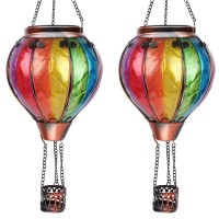 Ouisjyer 2Pc Hot Air Balloon Solar Lantern With 2Pc Shepherd Hook Flickering Flame Hanging Solar Lanterns Outdoor Lights Waterp