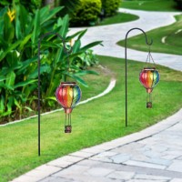 Ouisjyer 2Pc Hot Air Balloon Solar Lantern With 2Pc Shepherd Hook Flickering Flame Hanging Solar Lanterns Outdoor Lights Waterp