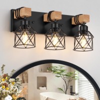 Fadimikoo 3Light Farmhouse Vanity Light For Bathroom Wood Bathroom Light Fixtures Over Mirror Industrial Black Vanity Light W