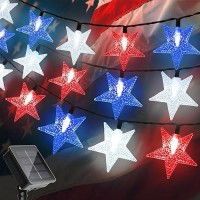 4Th Of July Twinkle Solar Star String Lights Decorations Outdoor Waterproof Fairy Lights 39Ft Red White And Blue 100 Led With 8