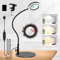 Kmdes 10X Magnifying Glass With Light And Stand 2In1 Magnifying Lamp With Light 3 Color 10 Brightness Level Led Lighted Ma