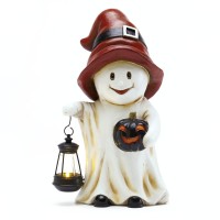 Teresas Collections Halloween Spooky Garden Statues With Solar Lights Cute Orange Hat Ghost With Lantern For Resin Halloween D