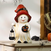 Teresas Collections Halloween Spooky Garden Statues With Solar Lights Cute Orange Hat Ghost With Lantern For Resin Halloween D