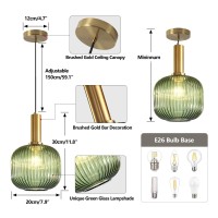 Kco Lighting Vintage Green Glass Pendant Light Kitchen Island Lighting Farmhouse Ribbed Glass Pendant Lighting Large Globe Pendant Light Fixture Brass Gold Single Ceiling Hanging Light