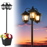 Pasamic 75 Solar Lamp Post Light With Planter Outdoor Waterproof Patio Light Black Triplehead Warm White Replaceable Bulb