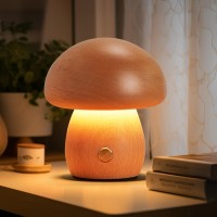 Lonrisway Wooden Mushroom Lamp Portable Cordless Small Lamp Rechargeable Battery Operated Lamp Stepless Dimming Night Light F