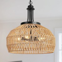 Foucasal Farmhouse Pendant Lights Fixtures For Dining Room 5Light Large Boho Chandeliers With Woven Shade Rattan Chandelier L