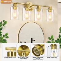 Criry 4Light Brushed Gold Bathroom Vanity Lighting Fixtures Over Mirror Modern Wall Sconces With Clear Glass Shade Wall Mount