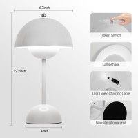 Zoopeen Modern Flowerpot Cordless Table Lamp 5200Mah Rechargeable Battery Operated Mushroom Light 3 Color Stepless Dimmable Port