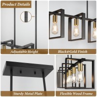 5Light Black Gold Dining Room Light Fixture 53 Farmhouse Wood Chandelier Kitchen Island Lighting Over Table Modern Black Rect