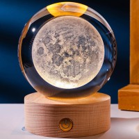 Lkpomi 3D Crystal Balls Night Light Clear Solar System Moon Crystal Lamp With Wooden Base For Birthday Christmas Astronomy Space Gifts For Boys Girls, 6Cm Diameter(Moon)