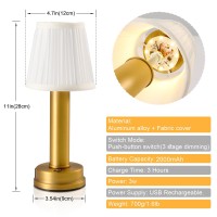 Eypid 2 Pack 3W Led Cordless Lamp 2000Mah Battery Powered Lamp 3 Level Brightness Brass Table Lamp Rechargeable Lamp Dimmable Sm