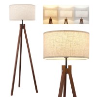 Elyona Wood Tripod Floor Lamp Mid Century Reading Standing Lamp With 3 Color Temperatures Linen Shade Modern Night Light For