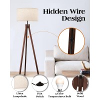 Elyona Wood Tripod Floor Lamp Mid Century Reading Standing Lamp With 3 Color Temperatures Linen Shade Modern Night Light For