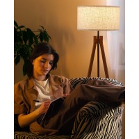 Elyona Wood Tripod Floor Lamp Mid Century Reading Standing Lamp With 3 Color Temperatures Linen Shade Modern Night Light For