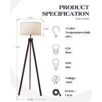 Elyona Wood Tripod Floor Lamp For Bedroom 3 Color Temperatures Linen Shade Modern Reading Standing Lamp With 9W Led Bulb Mi