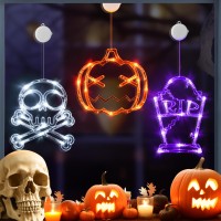 Lolstar Halloween Decorations 3 Pack Orange Pumpkin White Skull Purple Tombstone Halloween Window Lights With Suction Cup Bat