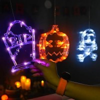 Lolstar Halloween Decorations 3 Pack Orange Pumpkin White Skull Purple Tombstone Halloween Window Lights With Suction Cup Bat