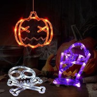 Lolstar Halloween Decorations 3 Pack Orange Pumpkin White Skull Purple Tombstone Halloween Window Lights With Suction Cup Bat