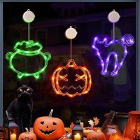 Lolstar Halloween Decorations 3 Pack Halloween Lights Orange Pumpkin Green Cauldron Purple Cat Window Lights With Suction Cup