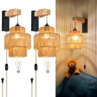 Zecoxol Rattan Plug In Wall Sconces Set Of Two Wicker Wall Lamp With Plug In Cord Hand Woven Rattan Plug In Wall Lamp Rustic Wal