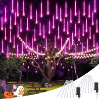 Jmexsuss 2 Pack Purple Halloween Lights 16 Tube 384 Led Meteor Shower Lights Outdoor Waterproof Plug In Icicle Lights For Outs