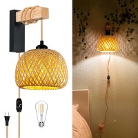 Zecoxol Rattan Plug In Wall Sconces Farmhouse Boho Wall Lamp With Plug In Cord Bamboo Woven Wall Light Fixtures Dimmable Plug In