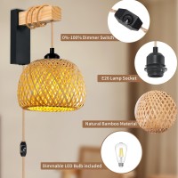 Zecoxol Rattan Plug In Wall Sconces Farmhouse Boho Wall Lamp With Plug In Cord Bamboo Woven Wall Light Fixtures Dimmable Plug In