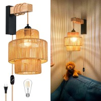 Zecoxol Rattan Wall Sconces Boho Wall Lamp With Plug In Cord Wicker Plug In Wall Sconces Hand Woven Plug In Wall Lamp Boho Rusti