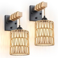 Zecoxol Rattan Wall Sconces Set Of Two Farmhouse Wall Lamps With Wooden Arm Onoff Dimmable Switch Boho Wall Light Large Rusti