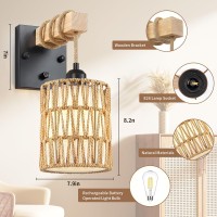 Zecoxol Rattan Wall Sconces Set Of Two Farmhouse Wall Lamps With Wooden Arm Onoff Dimmable Switch Boho Wall Light Large Rusti