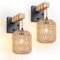 Rattan Wall Sconces Set Of Two Farmhouse Wall Lamps With Wood Arm Dimmable Switch Hardwired Handwoven Wicher Boho Lampshape R