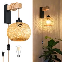 Zecoxol Rattan Plug In Wall Sconces Wicker Wall Lamp With Plug In Cord Hand Woven Rattan Wall Light Farmhouse Rustic Wall Lamp B